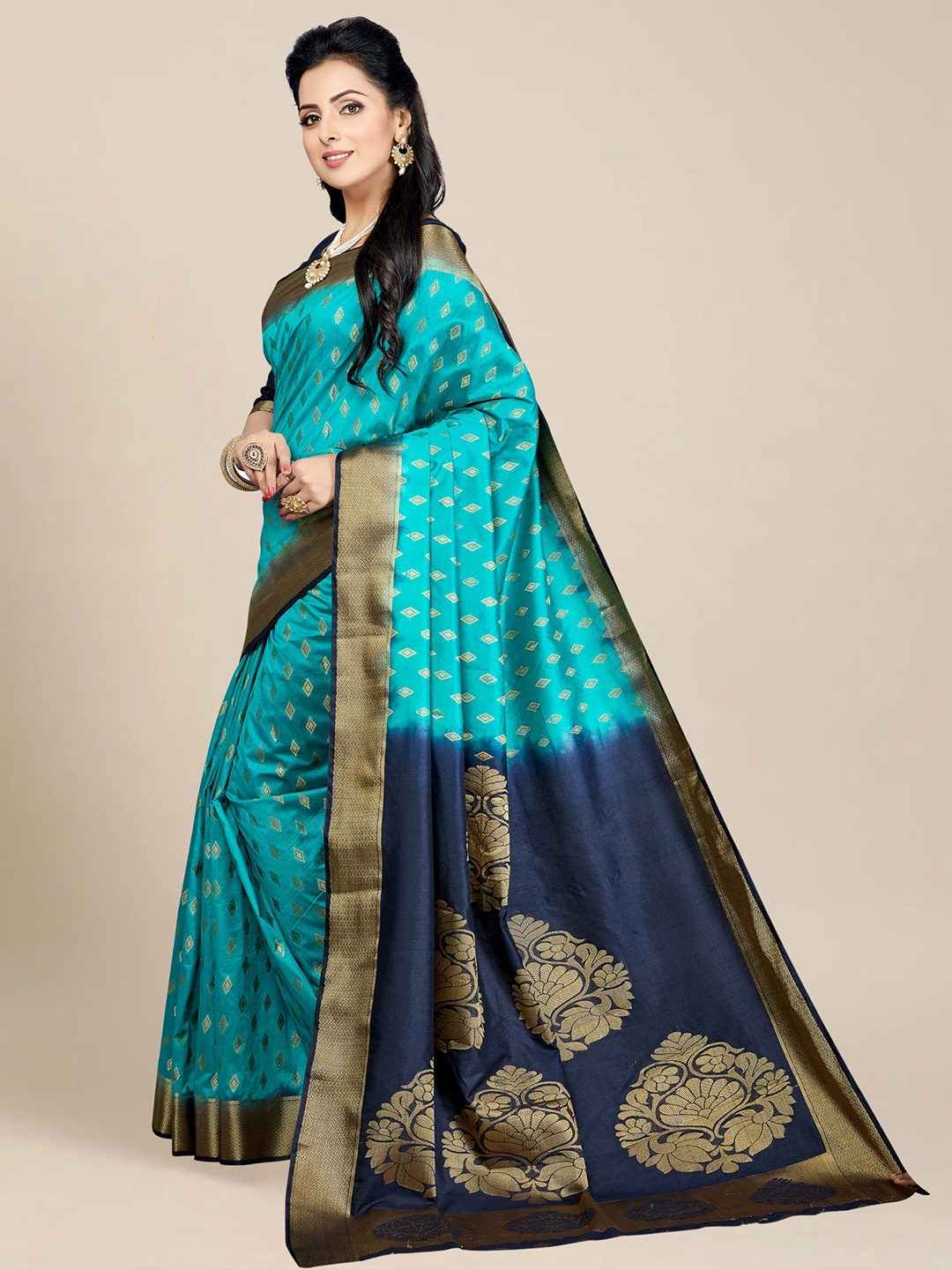 

MS RETAIL Blue & Navy Blue Ethnic Motifs Zari Silk Blend Kanjeevaram Saree