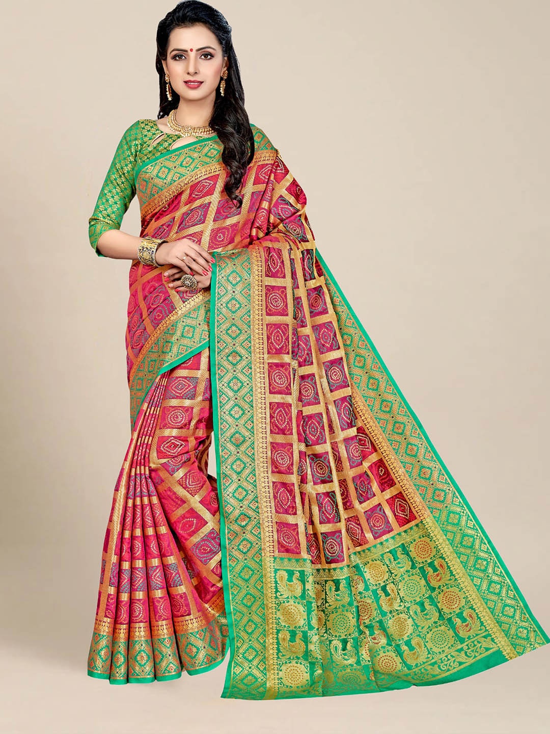 

MS RETAIL Magenta & Green Woven Design Zari Silk Blend Kanjeevaram Saree