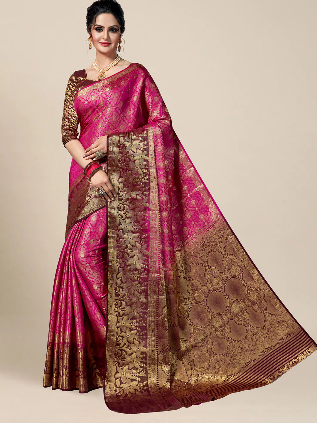 

MS RETAIL Pink & Maroon Woven Design Zari Silk Blend Kanjeevaram Saree