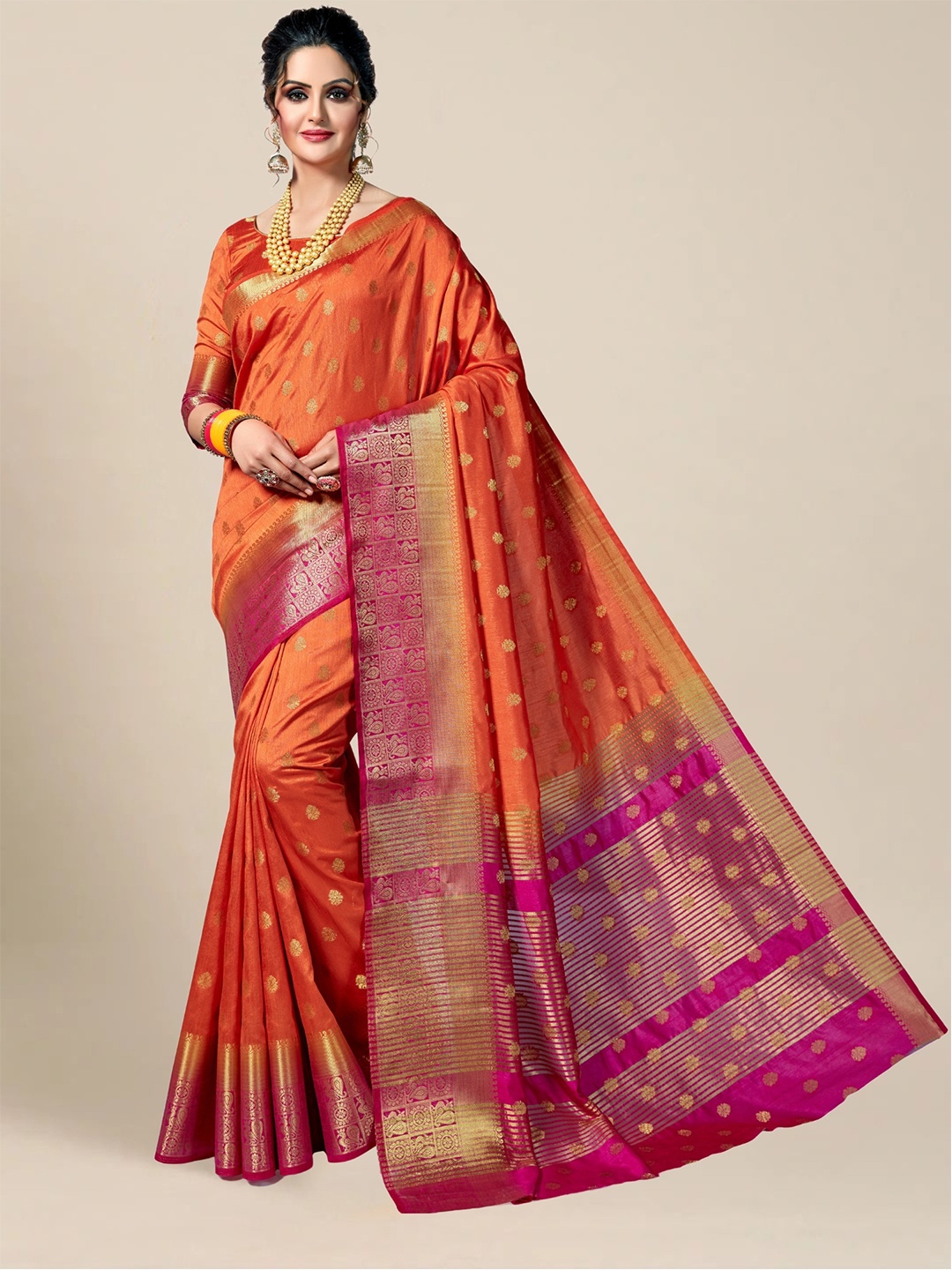 

MS RETAIL Orange & Purple Woven Design Zari Silk Blend Kanjeevaram Saree