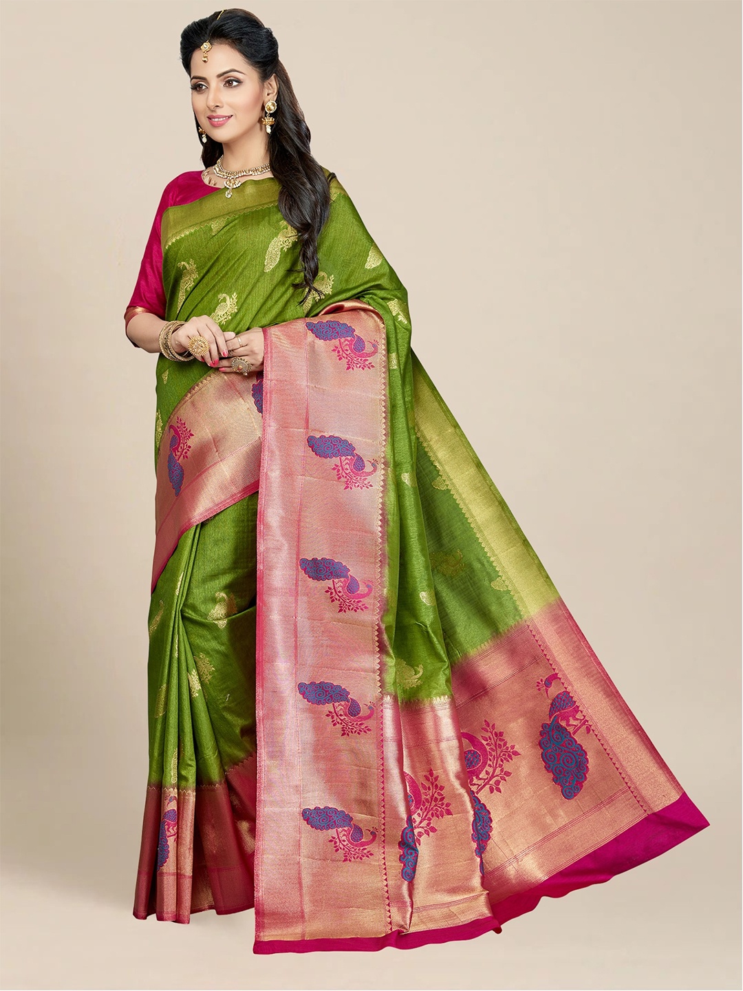 

MS RETAIL Green & Pink Ethnic Motifs Zari Silk Blend Kanjeevaram Saree