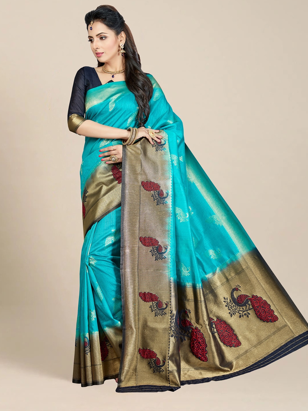 

MS RETAIL Turquoise Blue & Gold-Toned Woven Design Zari Silk Blend Kanjeevaram Saree