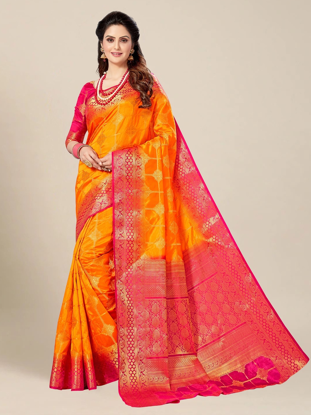 

MS RETAIL Orange & Red Woven Design Zari Silk Blend Kanjeevaram Saree