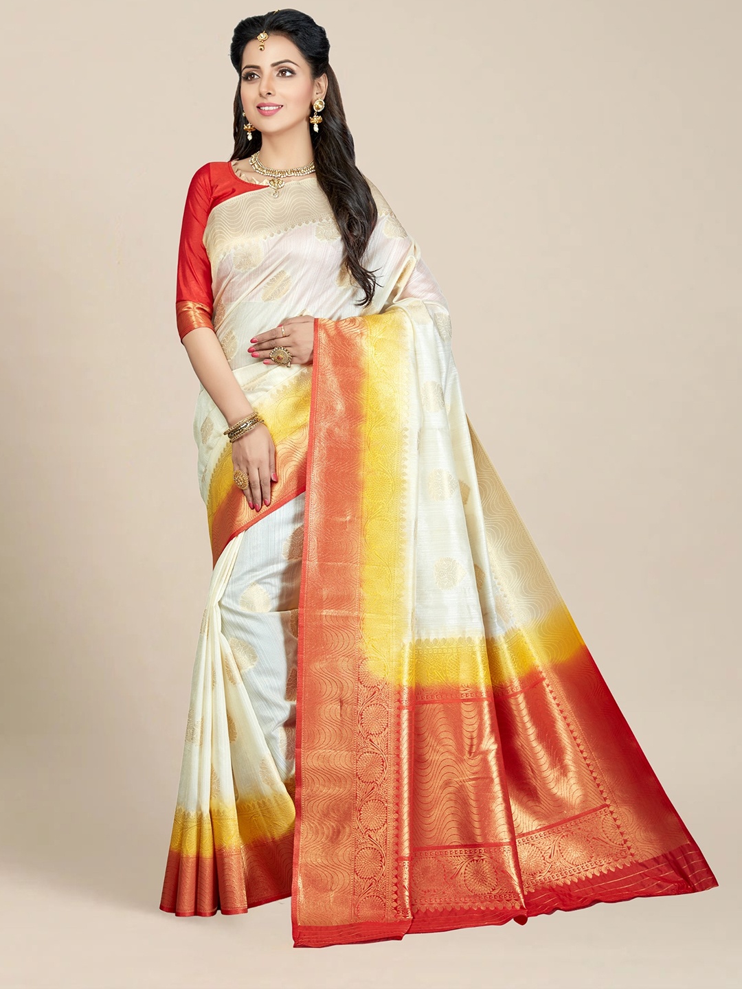 

MS RETAIL Cream & Red Woven Design Zari Silk Blend Kanjeevaram Saree