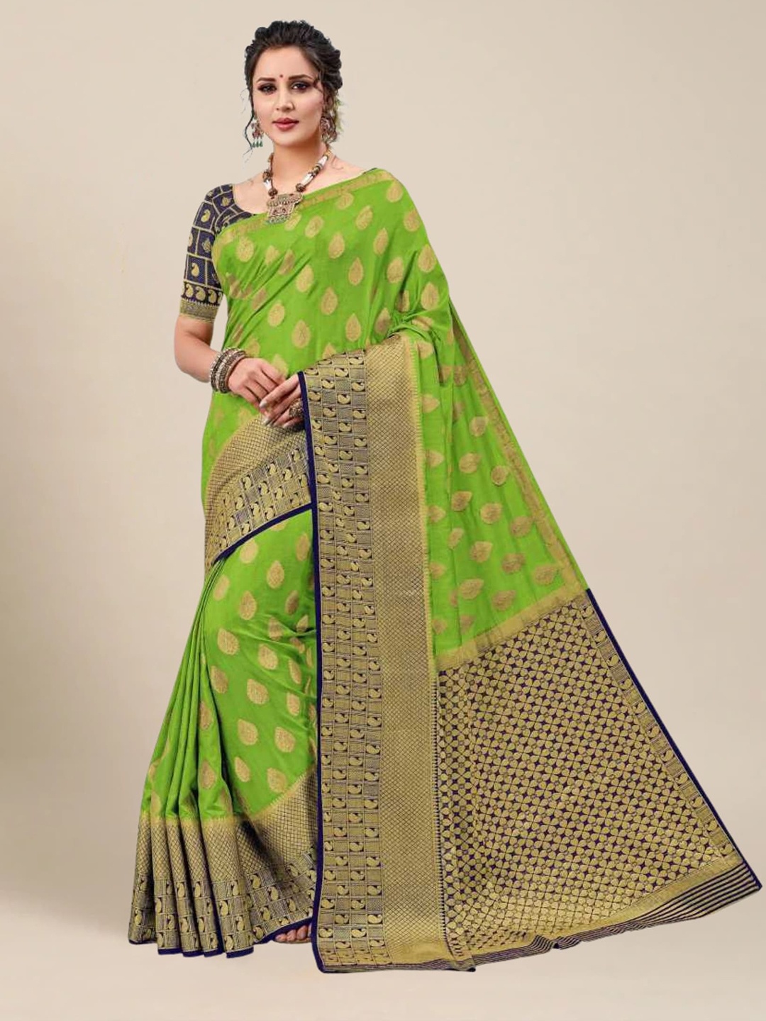 

MS RETAIL Fluorescent Green & Blue Woven Design Zari Silk Blend Kanjeevaram Saree