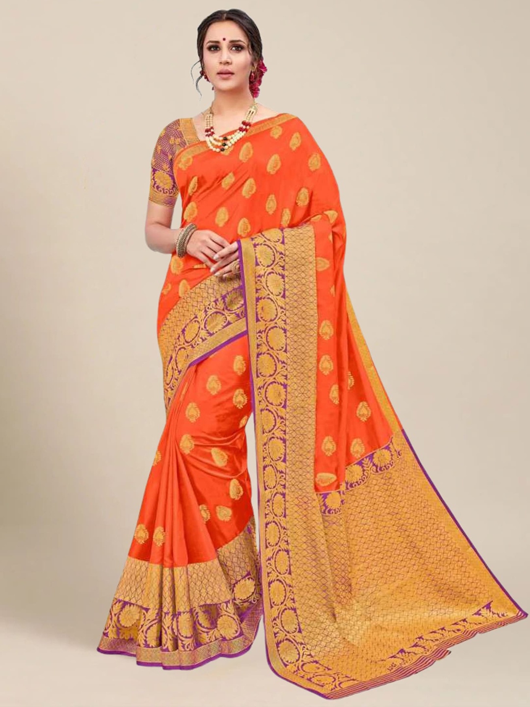 

MS RETAIL Orange & Purple Woven Design Zari Silk Blend Kanjeevaram Saree