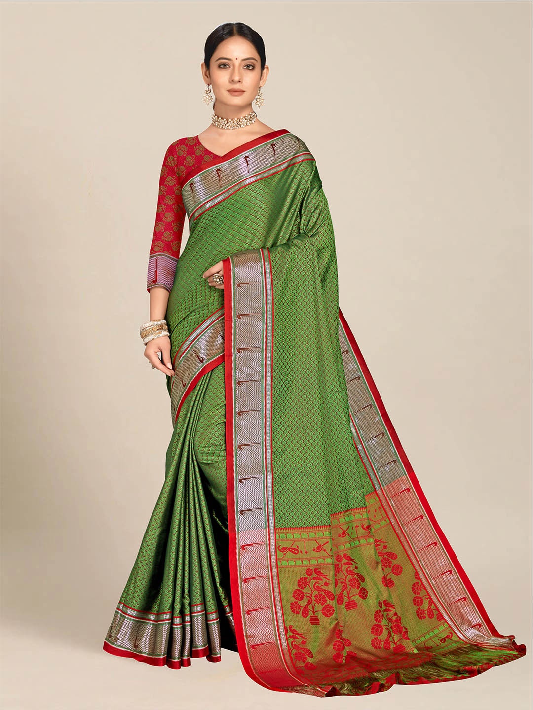 

MS RETAIL Green & Red Ethnic Motifs Zari Silk Blend Banarasi Saree