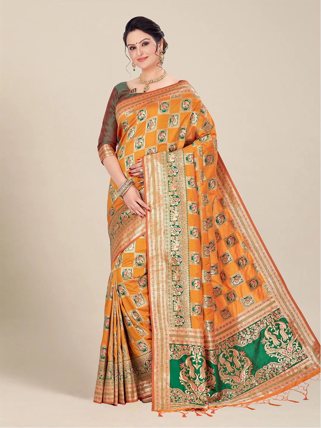 

MS RETAIL Mustard & Gold-Toned Ethnic Motifs Zari Silk Blend Banarasi Saree