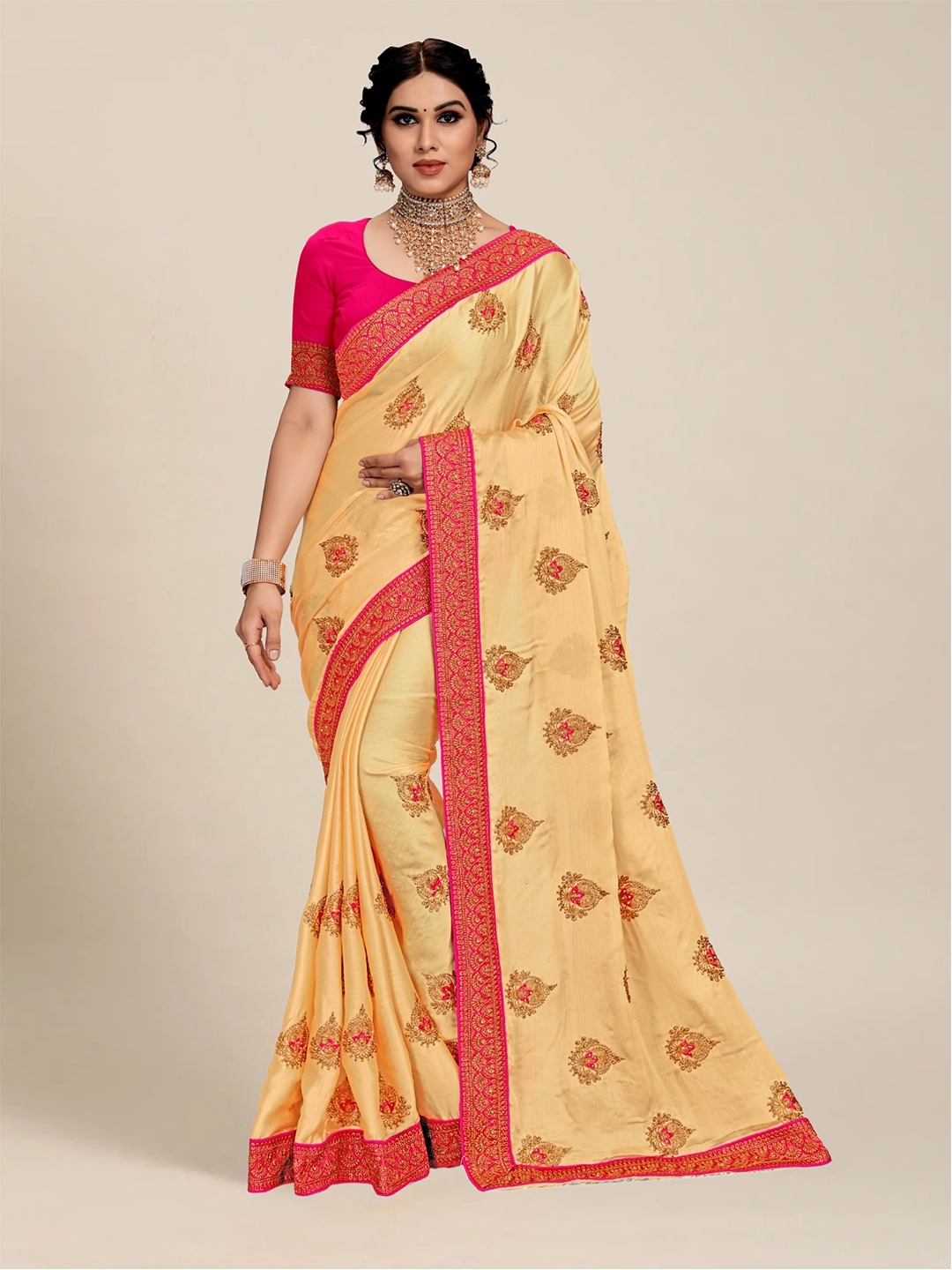 

MS RETAIL Cream-Coloured & Pink Floral Embroidered Silk Blend Saree