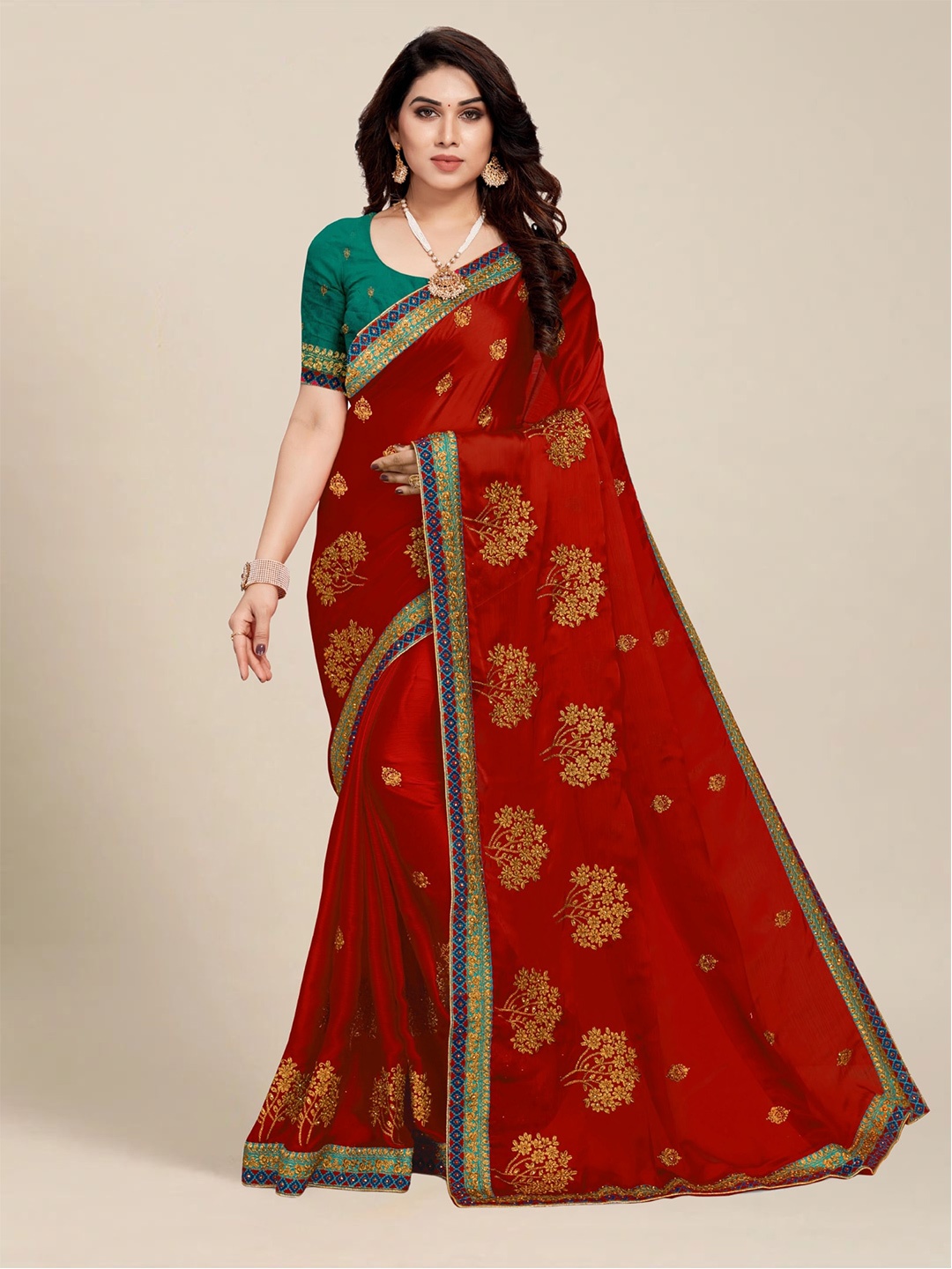 

MS RETAIL Maroon & Green Floral Embroidered Silk Blend Saree