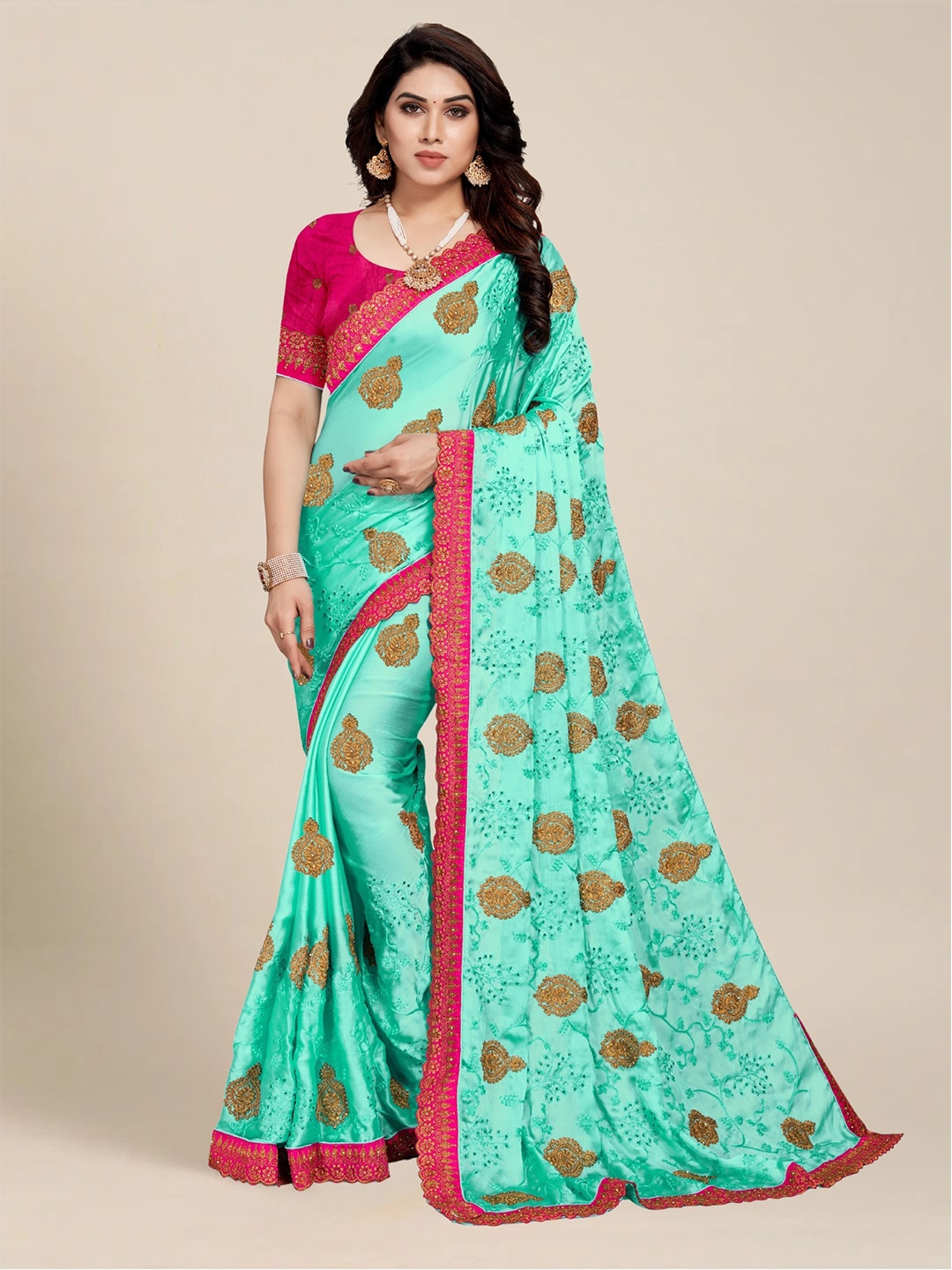 

MS RETAIL Turquoise Blue & Pink Floral Embroidered Silk Blend Saree