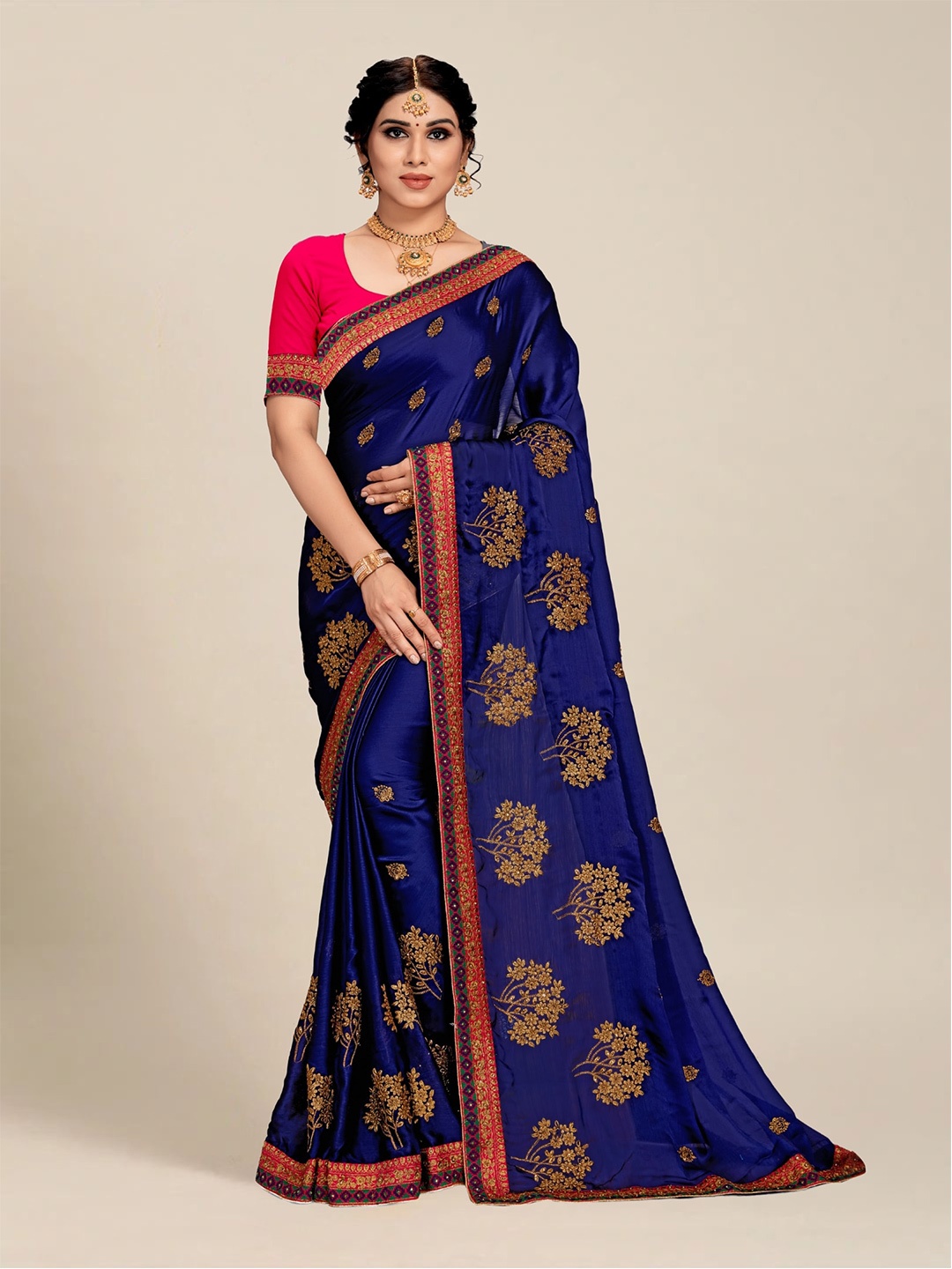 

MS RETAIL Navy Blue & Pink Floral Embroidered Silk Blend Saree