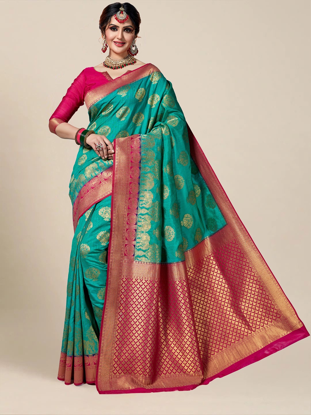 

MS RETAIL Turquoise Blue & Red Ethnic Motifs Zari Silk Blend Kanjeevaram Saree
