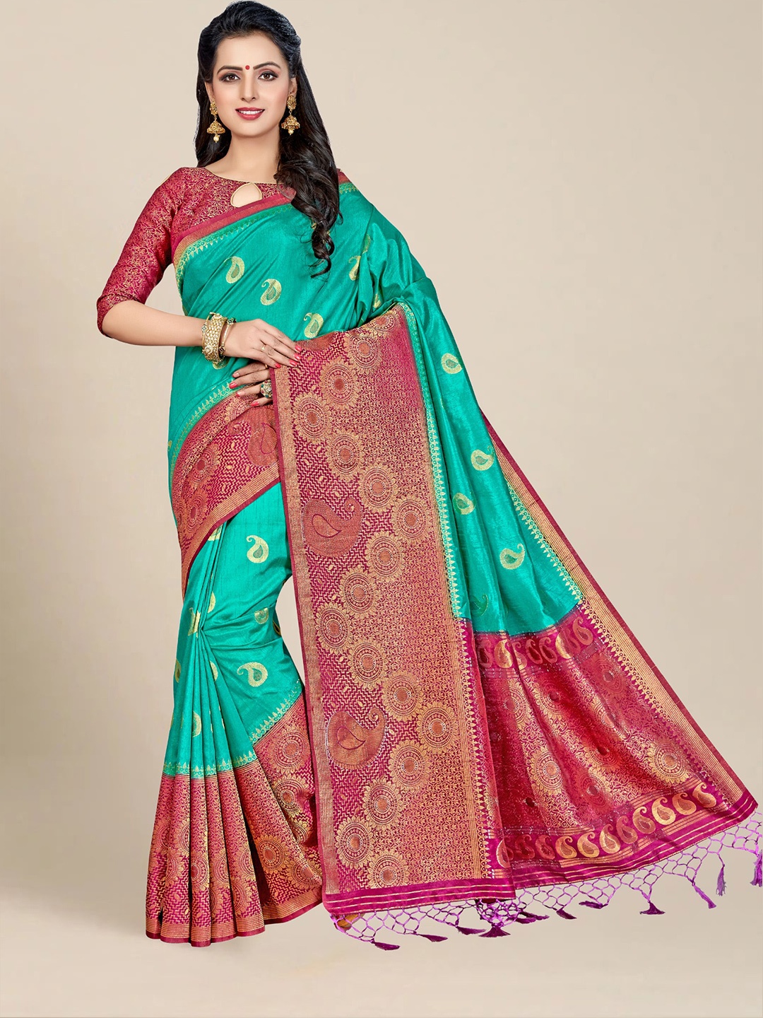 

MS RETAIL Turquoise Blue & Pink Paisley Zari Silk Blend Kanjeevaram Saree