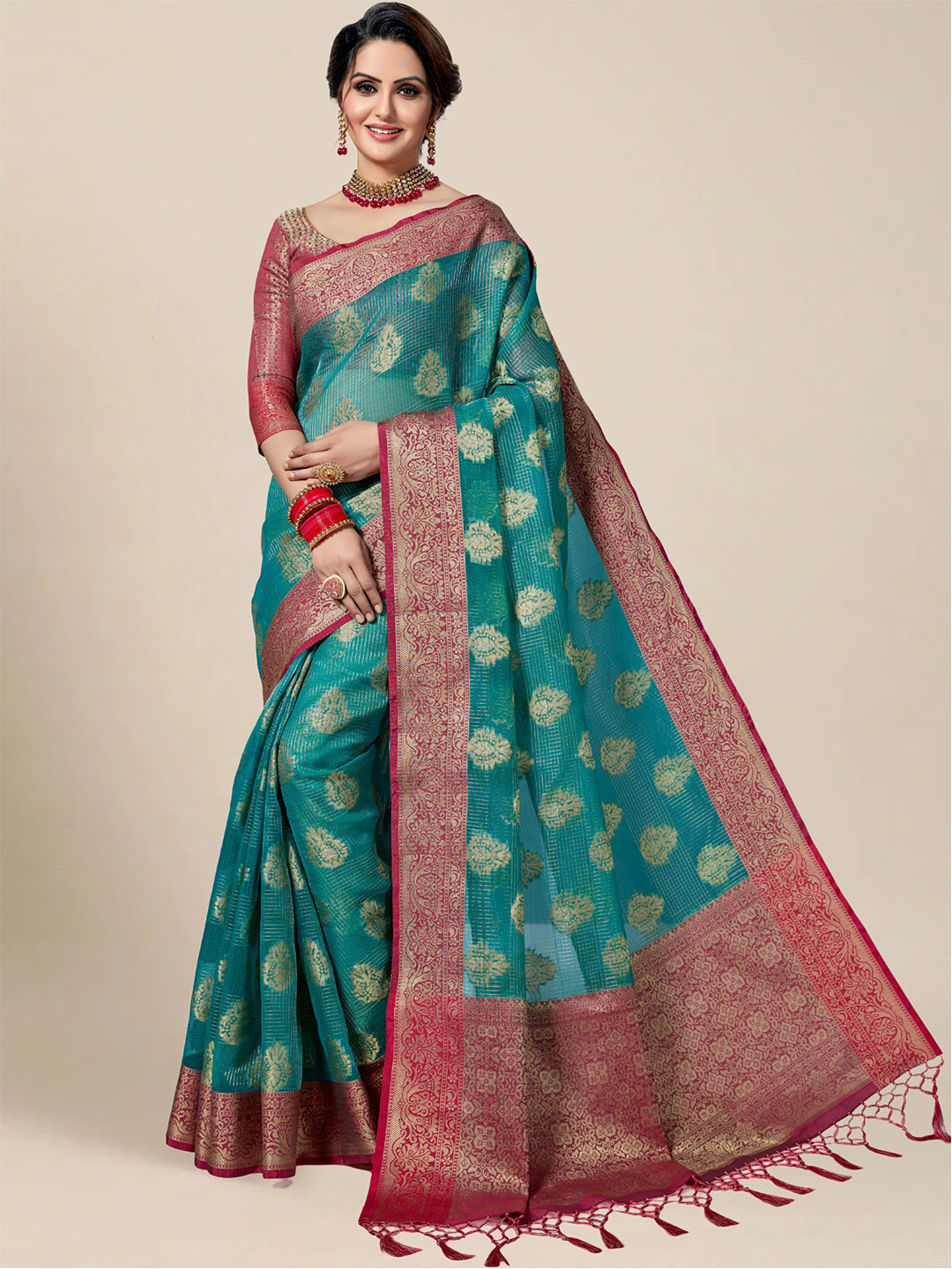 

MS RETAIL Turquoise Blue & Pink Ethnic Motifs Zari Silk Blend Kanjeevaram Saree