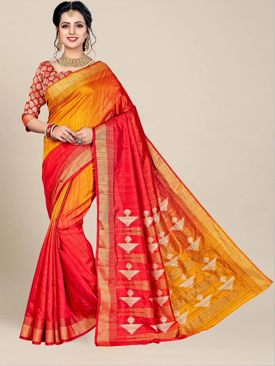 

MS RETAIL Orange & Red Ombre Zari Silk Blend Kanjeevaram Saree