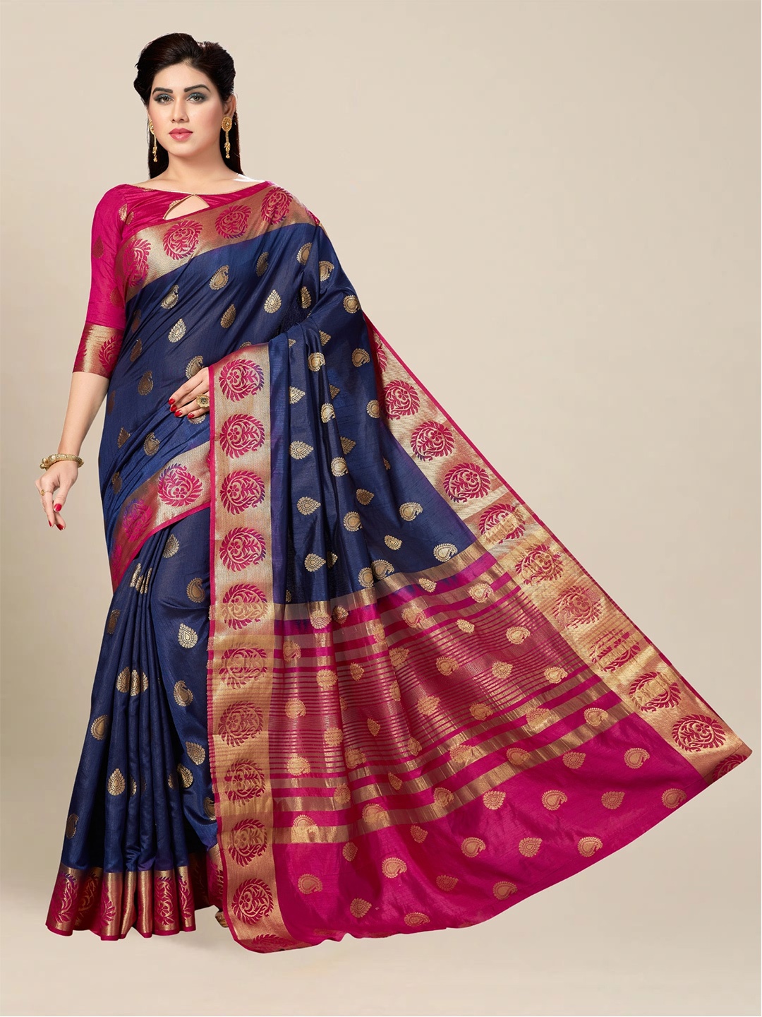 

MS RETAIL Navy Blue & Pink Ethnic Motifs Zari Silk Blend Kanjeevaram Saree