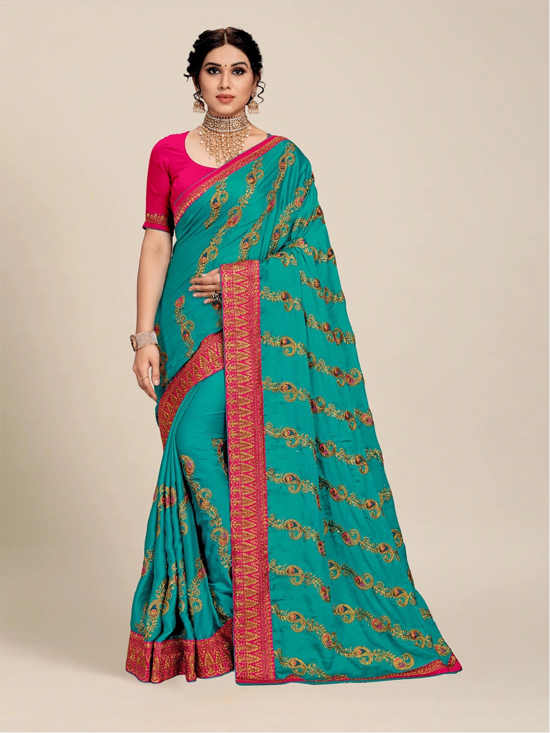 

MS RETAIL Teal & Pink Paisley Embroidered Silk Blend Saree