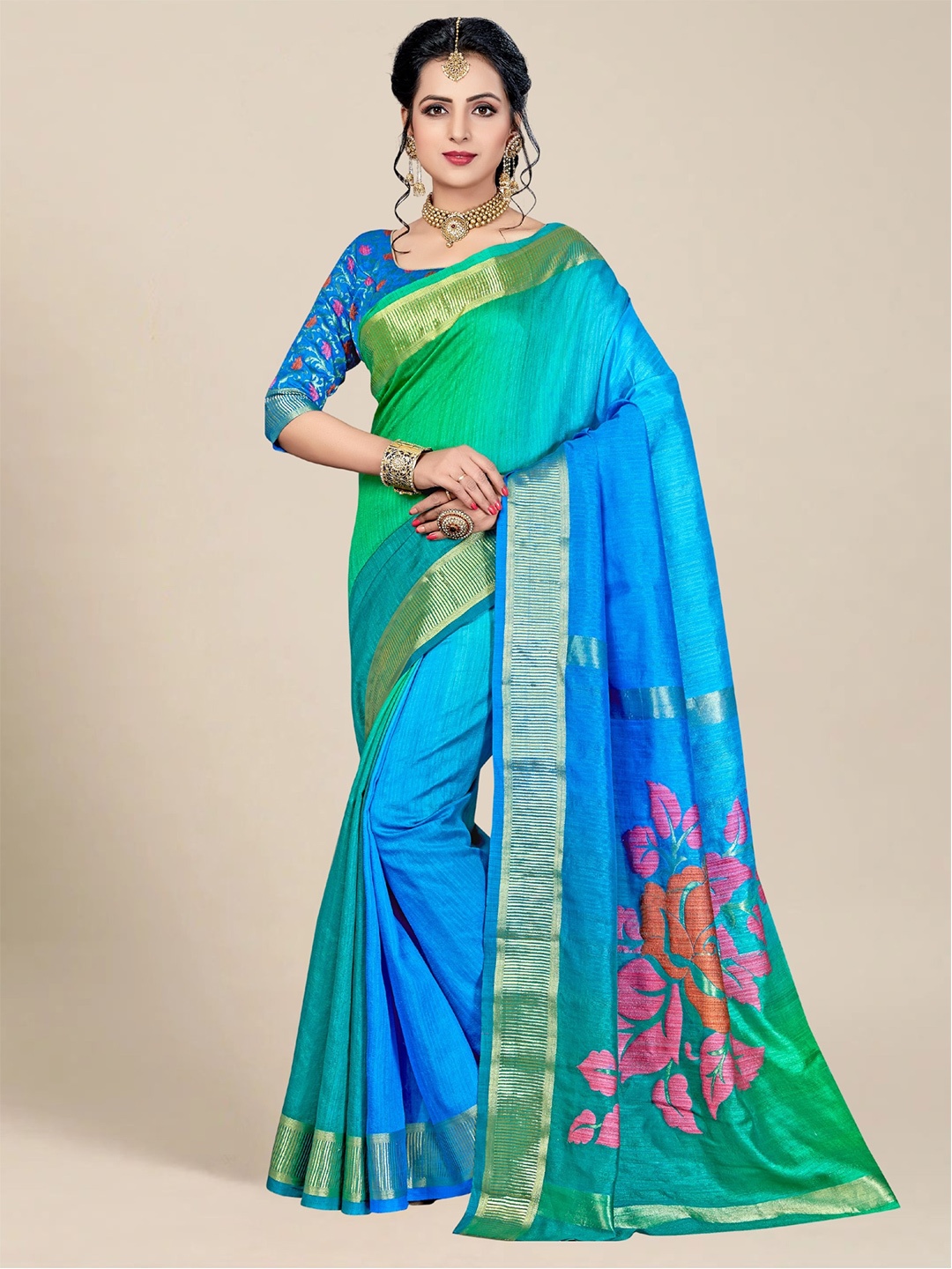 

MS RETAIL Blue & Green Ombre Zari Silk Blend Kanjeevaram Saree