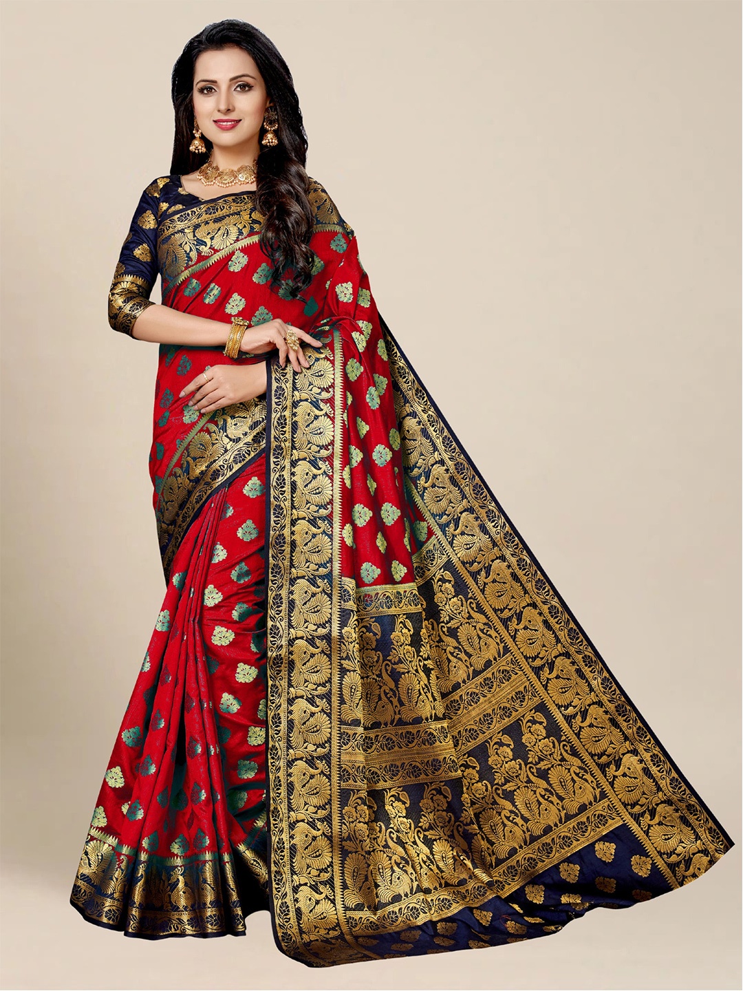 

MS RETAIL Red & Blue Ethnic Motifs Zari Silk Blend Kanjeevaram Saree