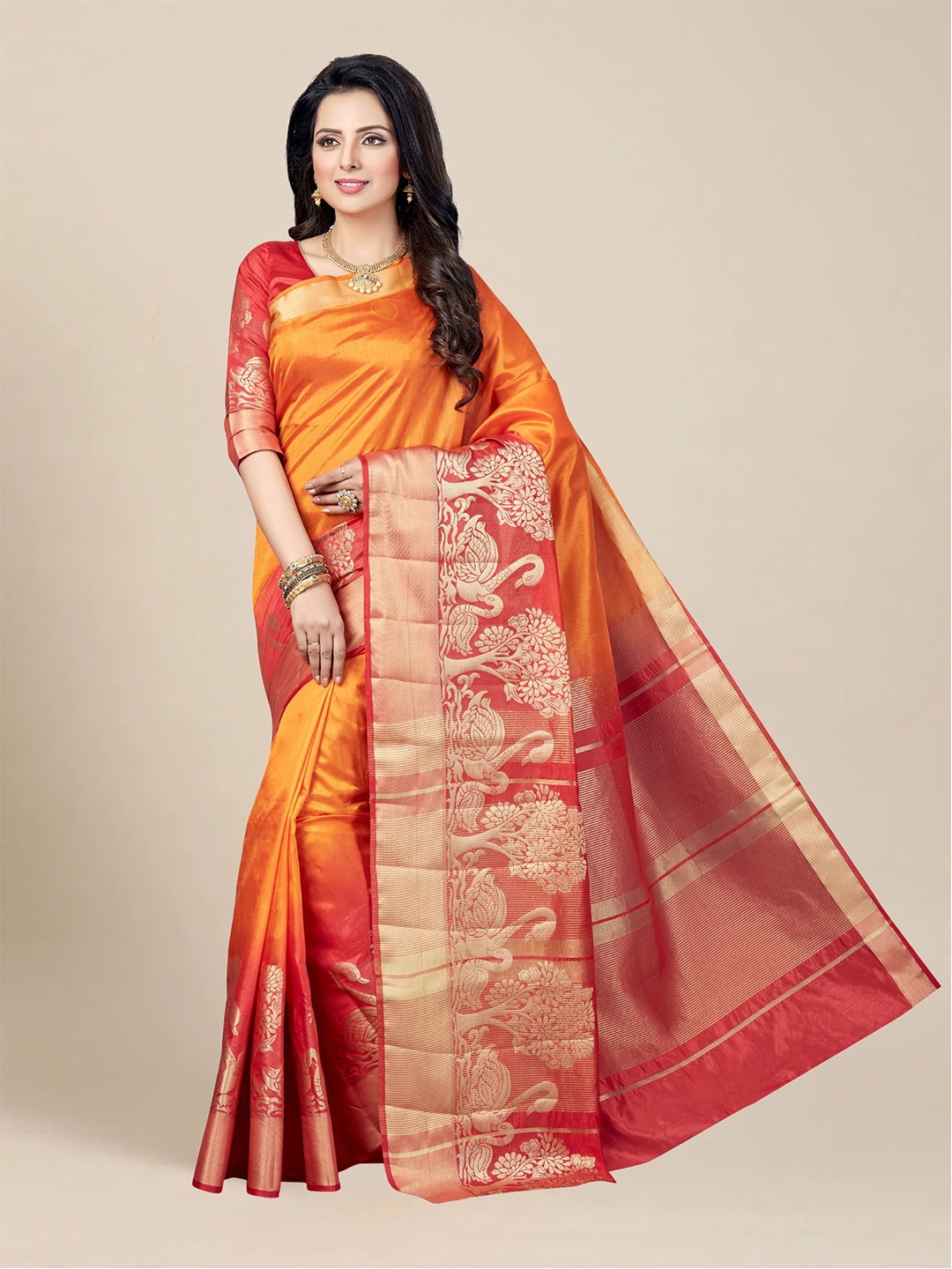 

MS RETAIL Orange & Red Ethnic Motifs Zari Silk Blend Kanjeevaram Saree