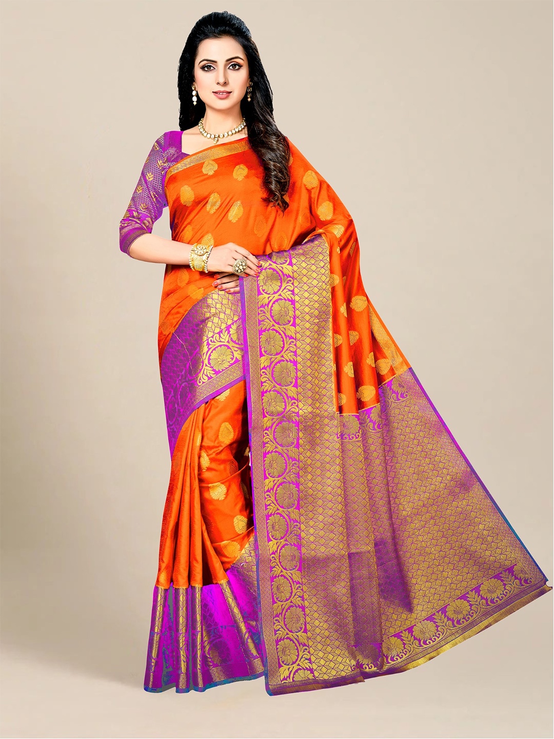 

MS RETAIL Orange & Purple Ethnic Motifs Zari Silk Blend Kanjeevaram Saree