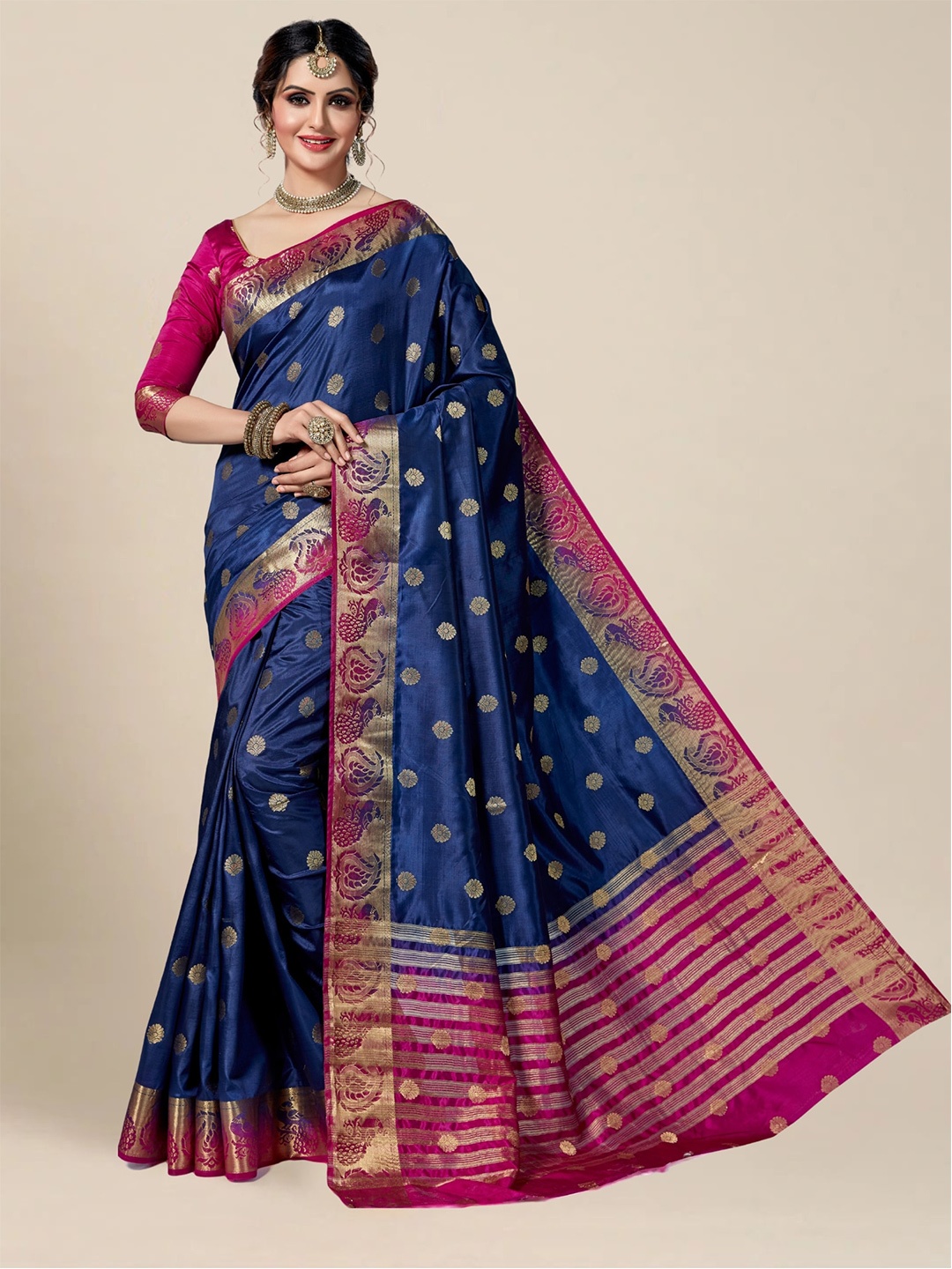 

MS RETAIL Navy Blue & Pink Floral Zari Kanjeevaram Saree