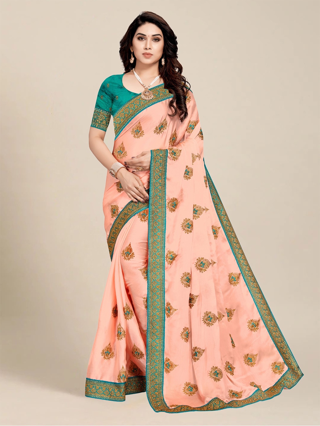 

MS RETAIL Green & Blue Floral Embroidered Saree