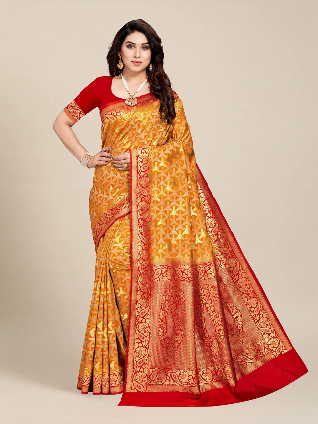 

MS RETAIL Orange & Red Zari Kanjeevaram Saree