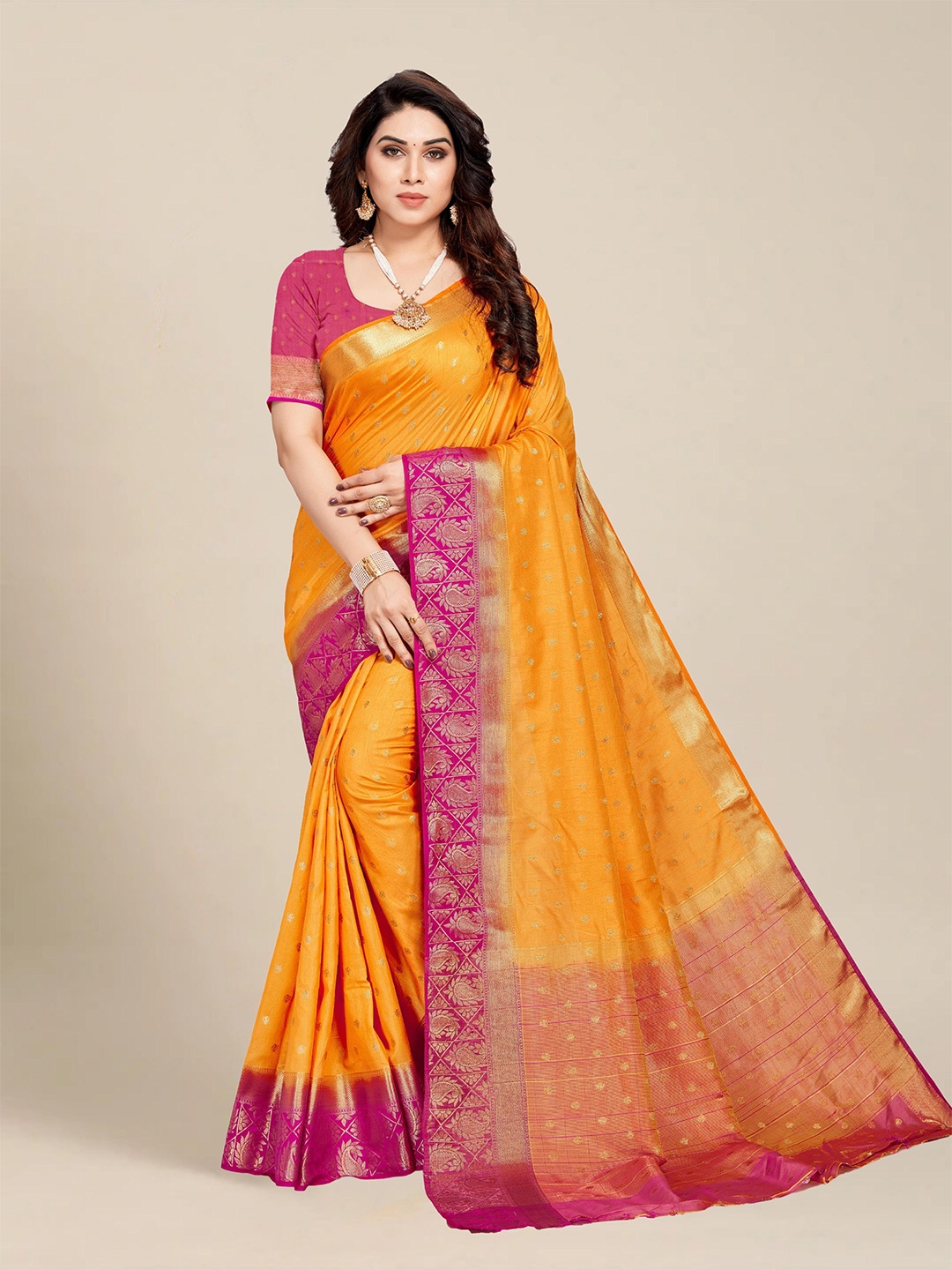 

MS RETAIL Orange & Pink Ethnic Motifs Zari Kanjeevaram Saree