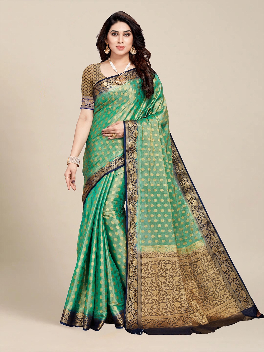 

MS RETAIL Sea Green & Navy Blue Ethnic Motifs Zari Kanjeevaram Saree