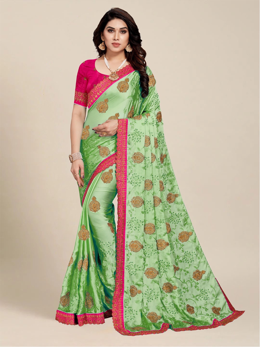 

MS RETAIL Green & Pink Floral Embroidered Saree