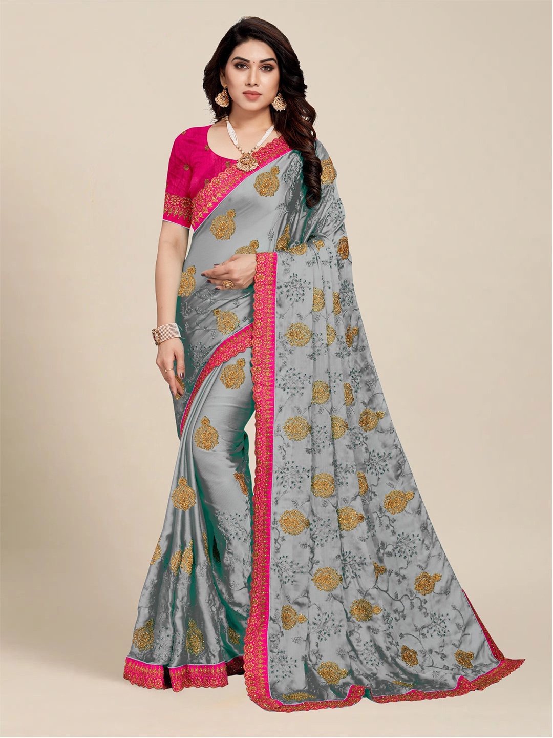 

MS RETAIL Grey & Pink Floral Embroidered Saree