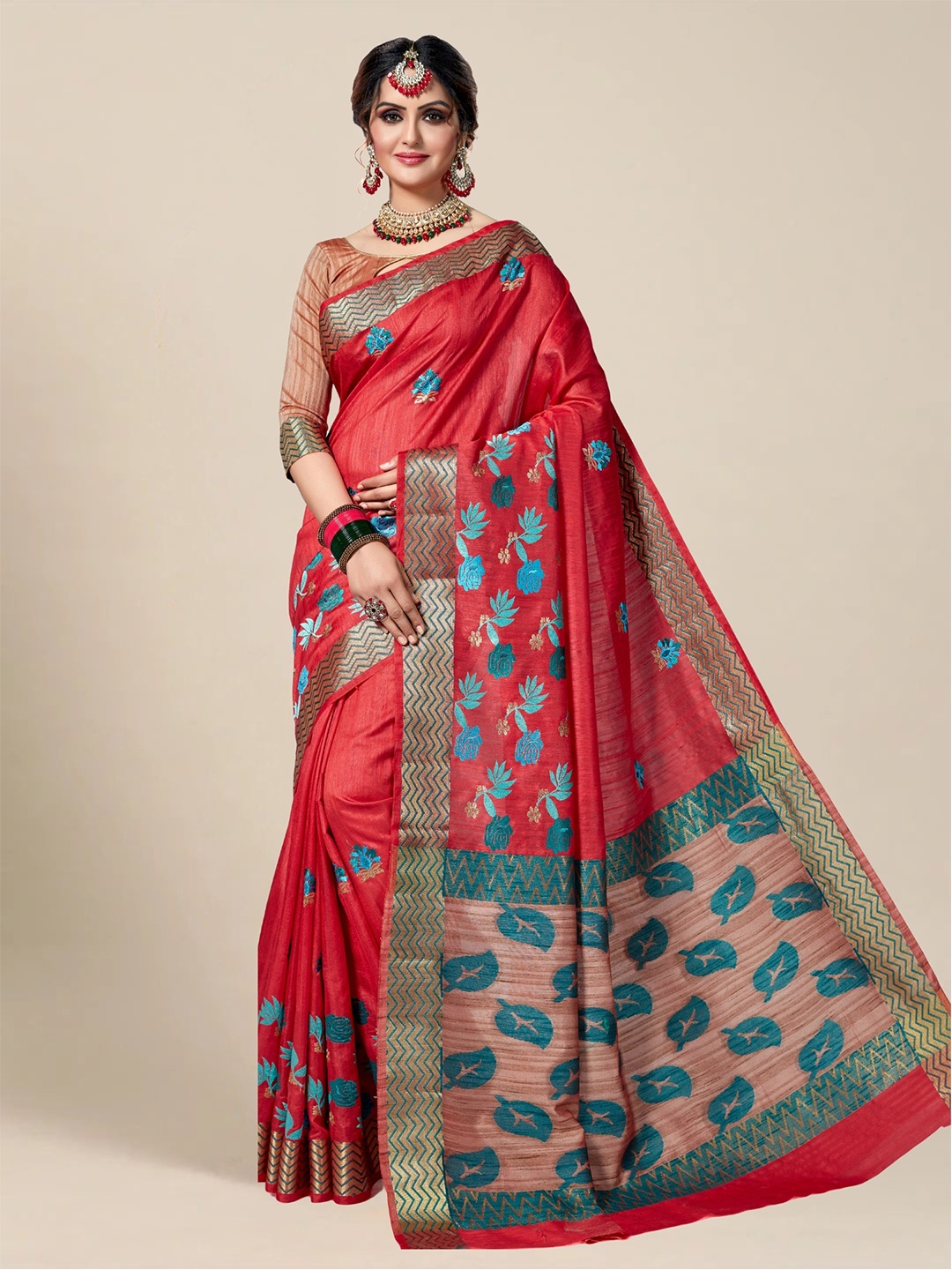 

MS RETAIL Red & Blue Floral Embroidered Kanjeevaram Saree