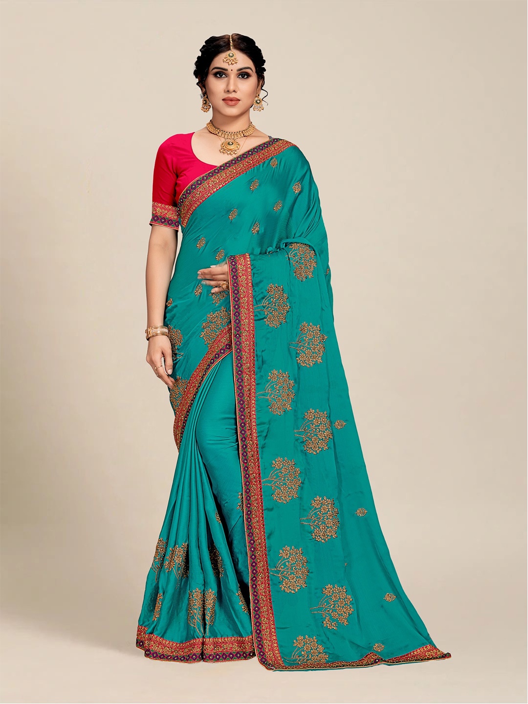 

MS RETAIL Teal & Pink Floral Embroidered Saree