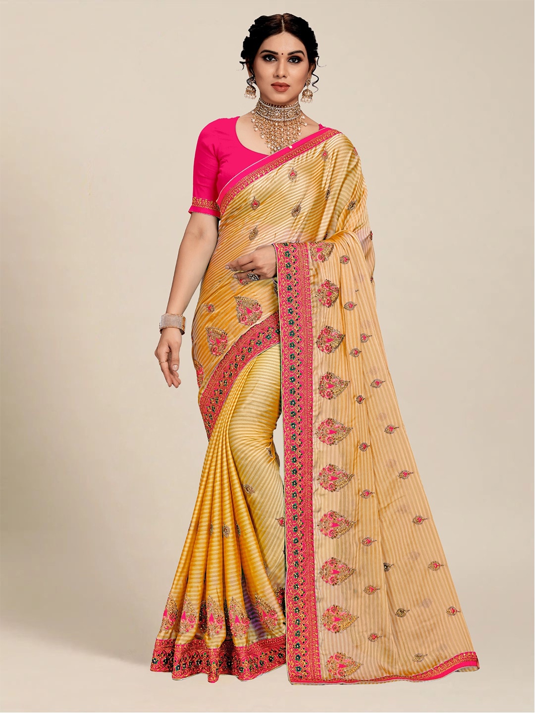 

MS RETAIL Mustard & Pink Floral Embroidered Saree