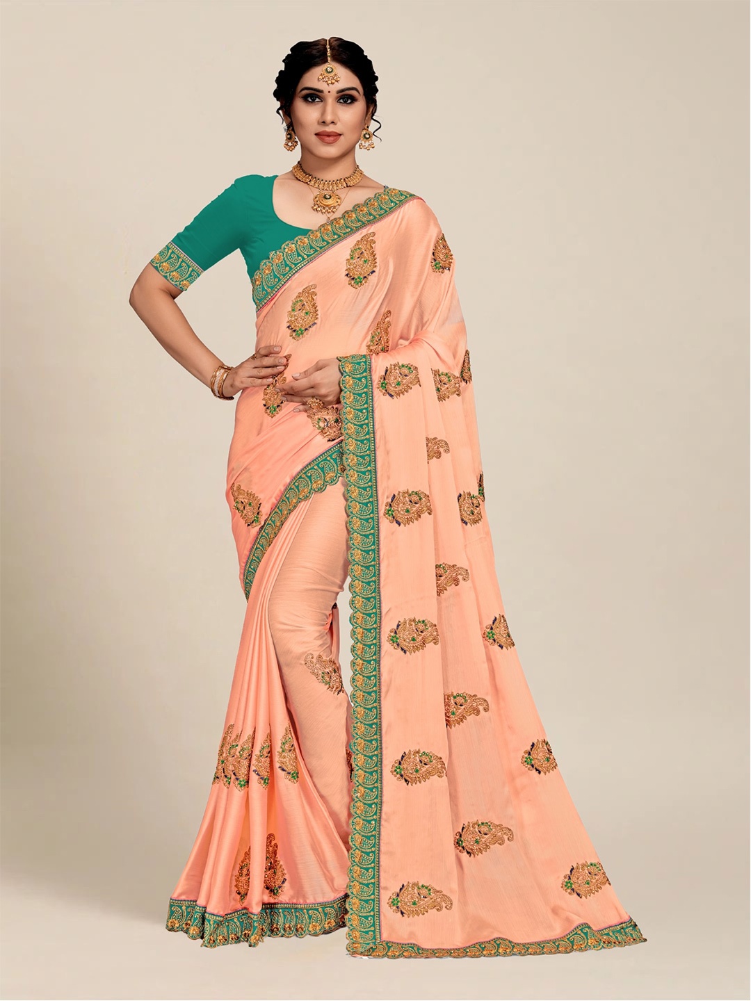 

MS RETAIL Peach-Coloured & Green Paisley Embroidered Saree