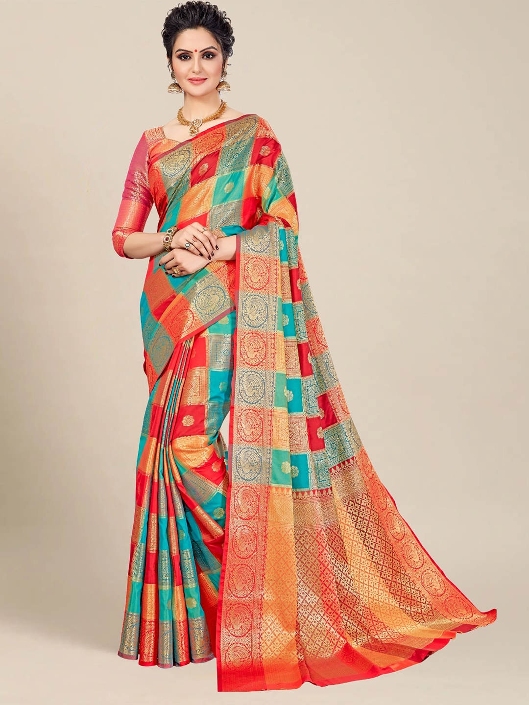 

MS RETAIL Red & Blue Zari Kanjeevaram Saree