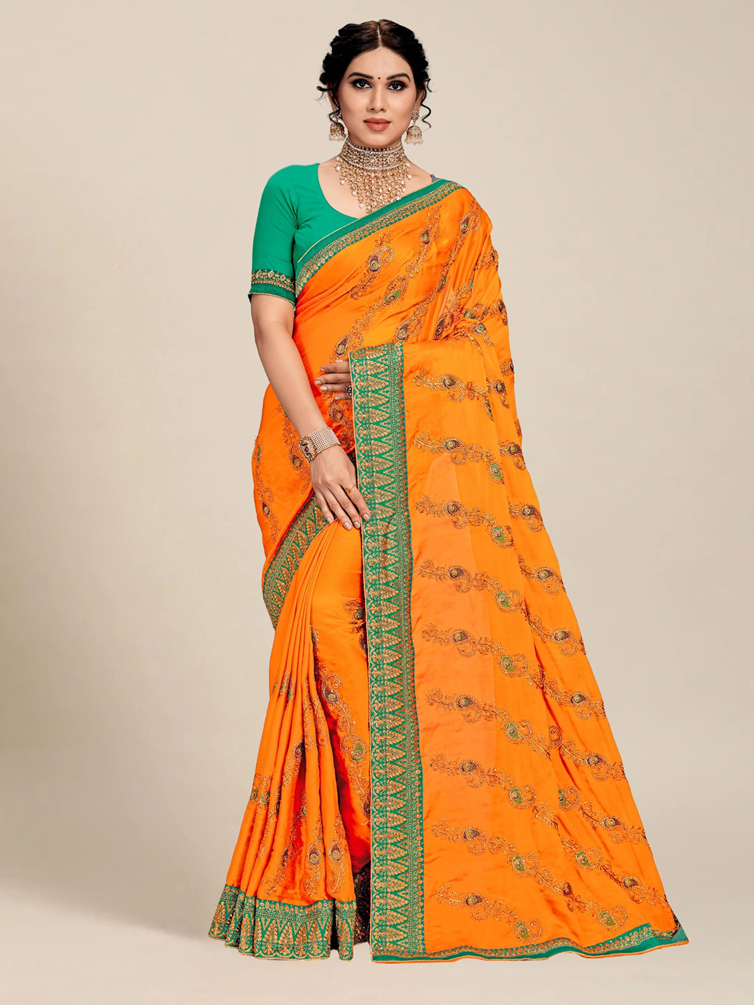 

MS RETAIL Orange & Blue Floral Embroidered Saree