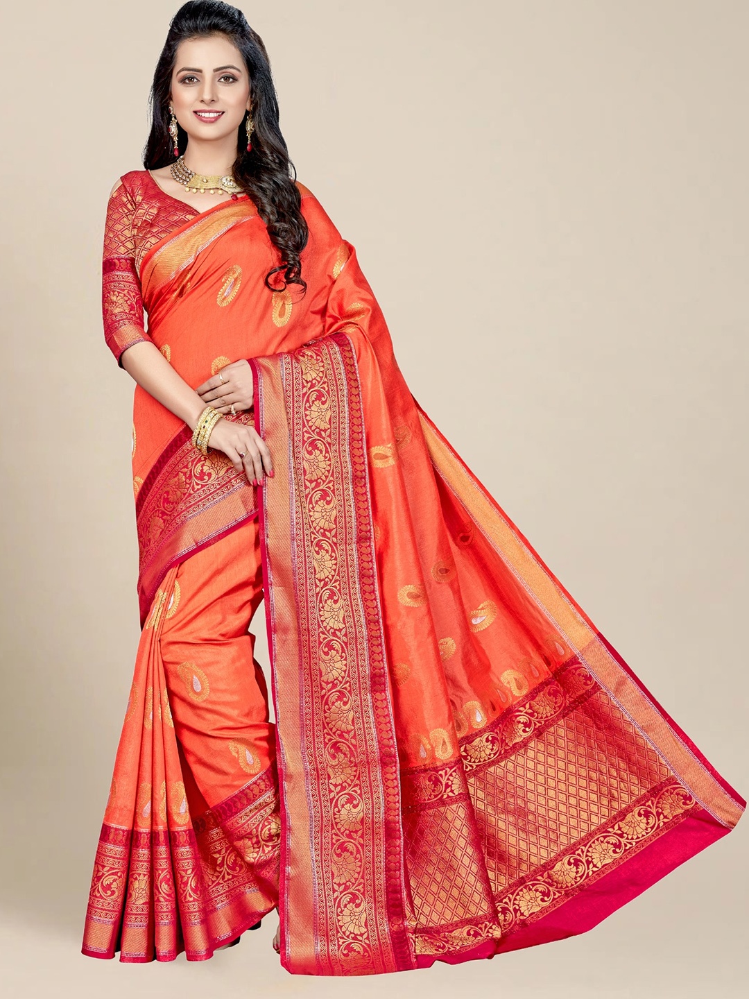 

MS RETAIL Orange & Red Ethnic Motifs Zari Kanjeevaram Saree