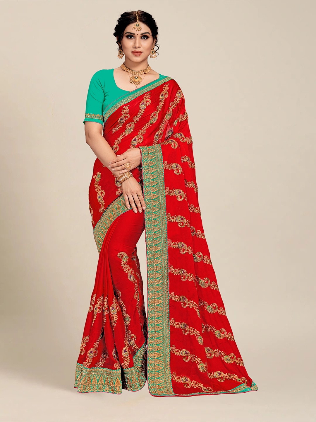 

MS RETAIL Red & Blue Floral Embroidered Saree