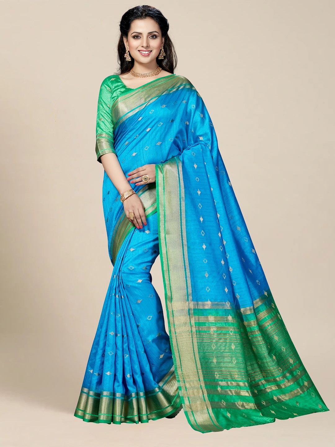 

MS RETAIL Blue & Green Ethnic Motifs Zari Kanjeevaram Saree