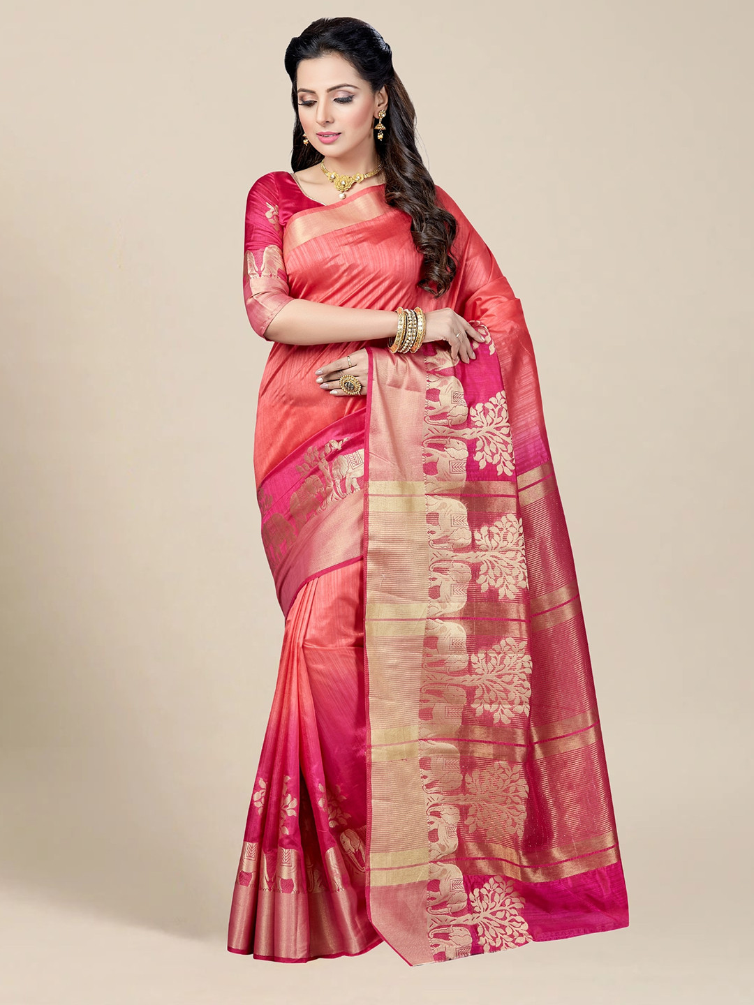 

MS RETAIL Orange & Pink Ethnic Motifs Zari Kanjeevaram Saree
