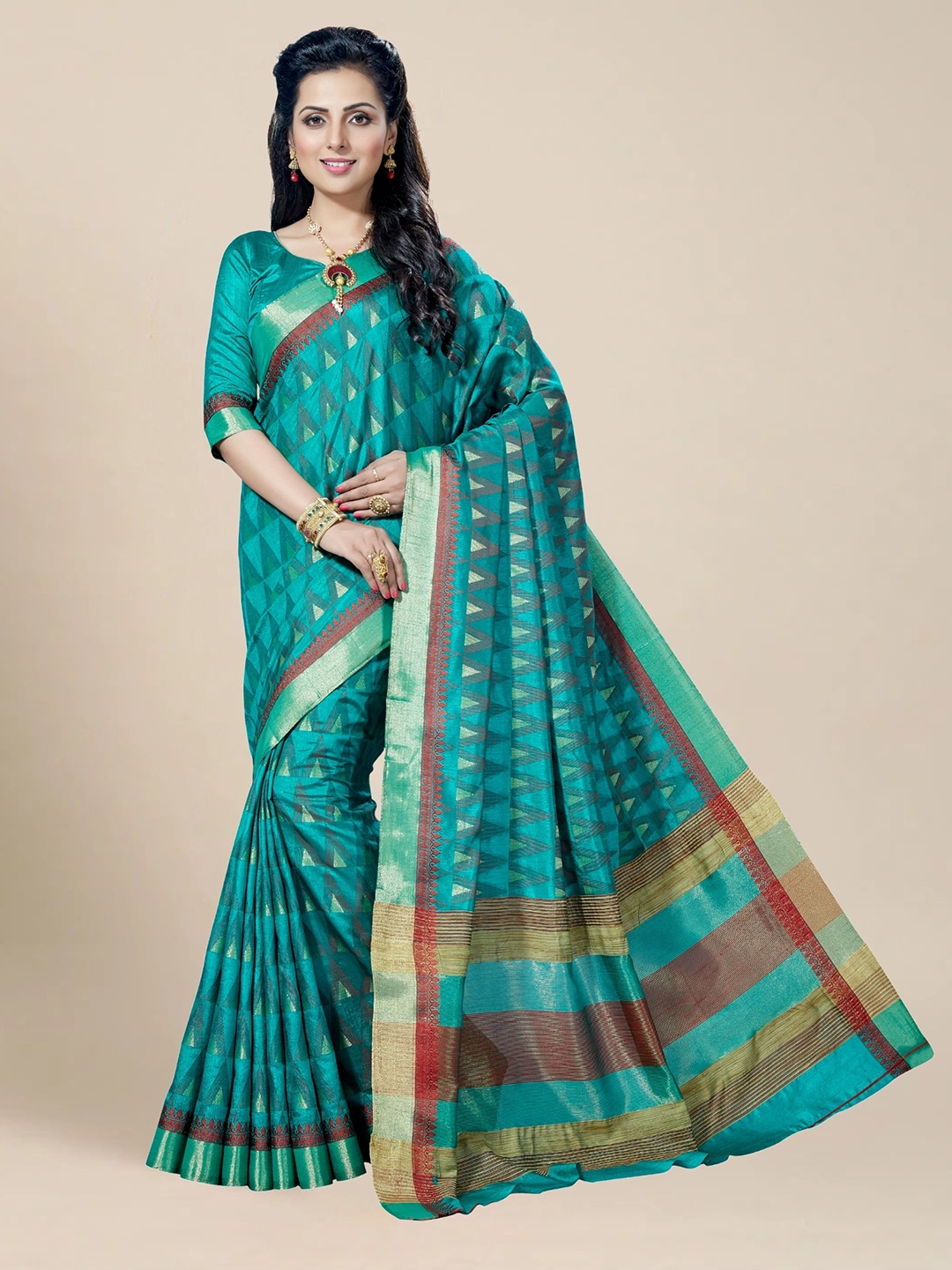 

MS RETAIL Green & Red Ethnic Motifs Zari Kanjeevaram Saree