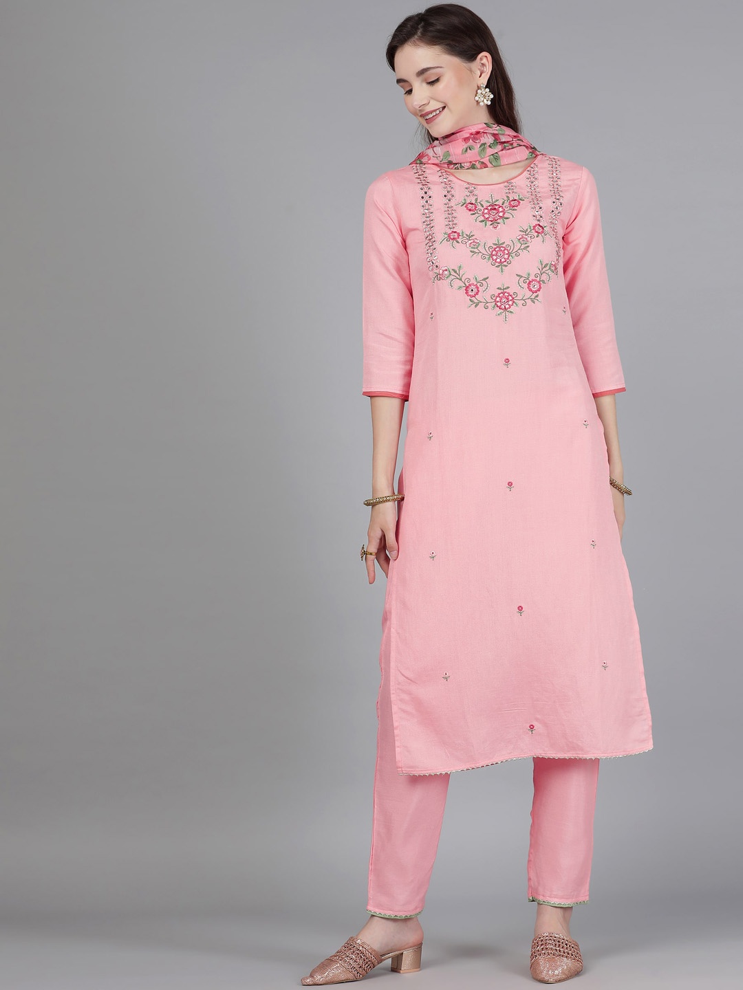 

Berrylicious Women Pink Floral Embroidered Thread Work Kurta with Trousers & With Dupatta