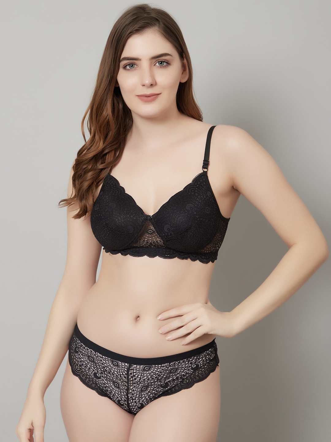 

PrettyCat Black Lightly Padded Lace Lingerie Set
