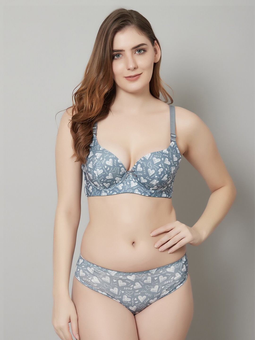 

PrettyCat Grey Printed Lightly Padded Lingerie Set