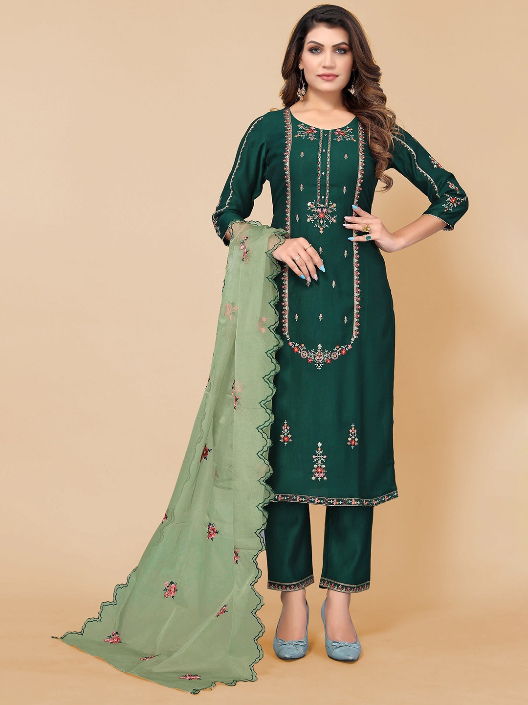 

KALINI Women Green Ethnic Motifs Embroidered Thread Work Kurta With Trousers & Dupatta