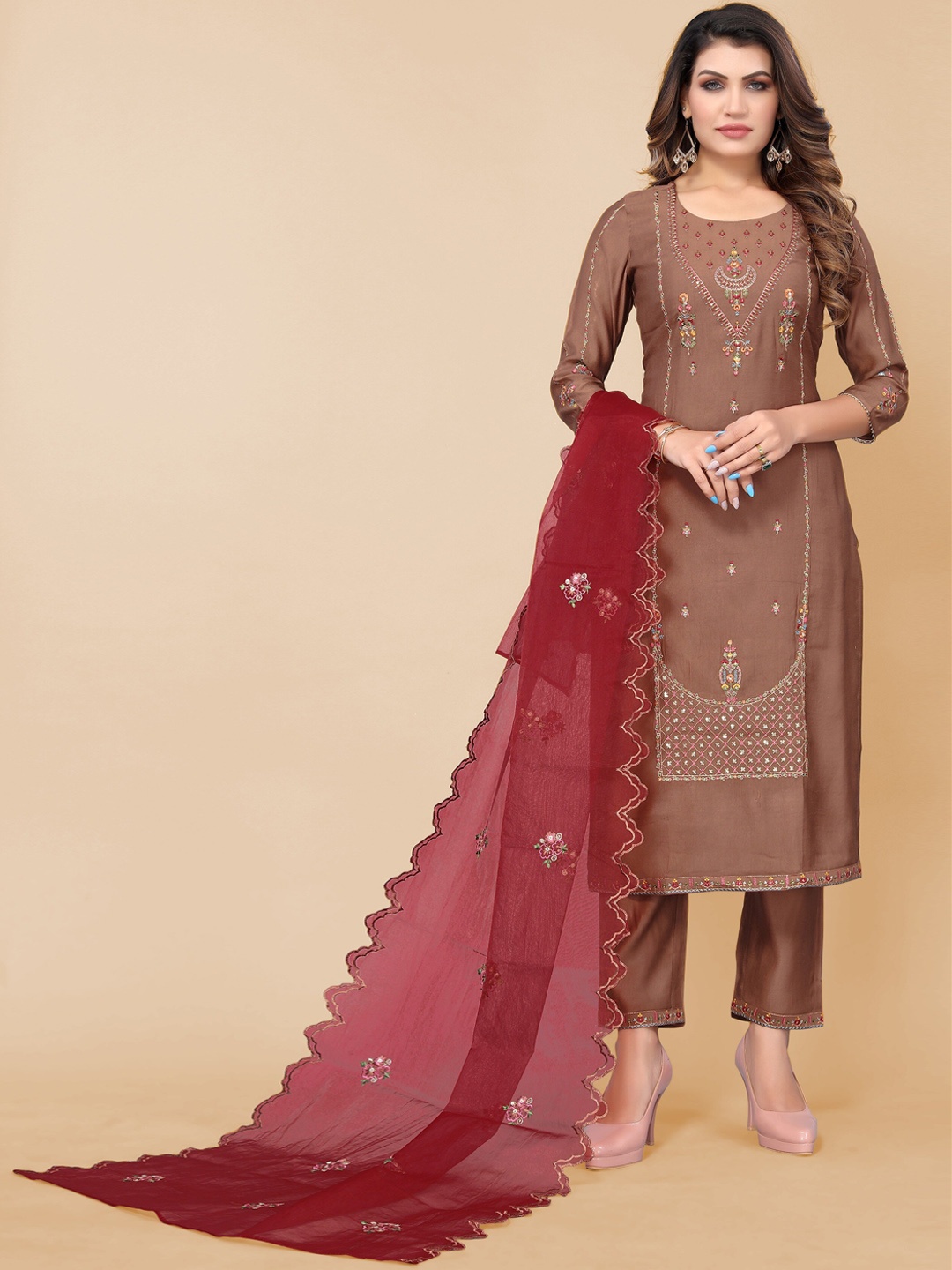 

KALINI Women Brown Ethnic Motifs Embroidered Kurta With Trousers & Dupatta