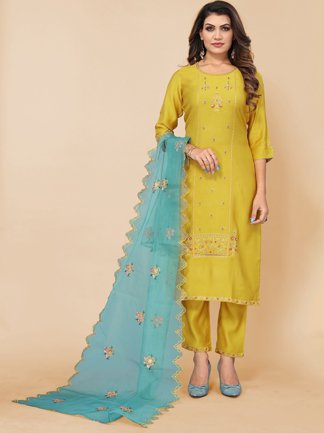 

KALINI Women Mustard Yellow Floral Embroidered Kurta with Trousers & With Dupatta